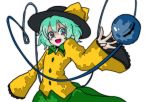  1girl blue_eyes bow fang green_hair green_skirt hat hat_bow heart heart-shaped_pupils heart_of_string itosiki_zetu komeiji_koishi long_sleeves open_mouth simple_background sleeves_past_wrists smile solo symbol-shaped_pupils third_eye touhou yellow_bow yellow_shirt 