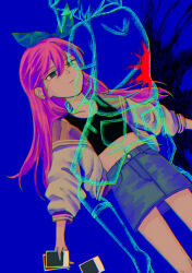  1boy 1girl aubrey_(faraway)_(omori) aubrey_(omori) basil_(faraway)_(omori) basil_(omori) blue_skirt collarbone commentary_request crop_top denim denim_skirt highres holding holding_photo jacket long_hair long_sleeves lying msdnno_kabe navel omori on_back open_clothes open_jacket photo_(object) pink_hair short_hair skirt white_jacket 