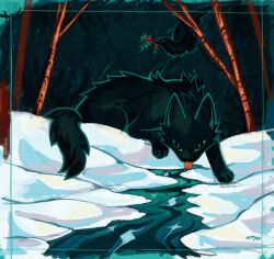  animal animal_focus aqua_border bird black_cat border cat colored_sclera commentary crow drinking green_eyes green_sclera highres holly hollyleaf kitty_(fernwhisker) looking_at_viewer name_connection no_humans object_namesake outdoors painterly power_of_three river signature slit_pupils snow solo tongue tongue_out tree warrior_cats 