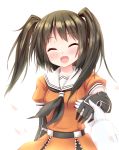  1girl admiral_(kantai_collection) blush brown_hair closed_eyes gloves hair_ribbon highres holding_hands kantai_collection long_hair open_mouth plhsxf ribbon sailor_collar sendai_(kantai_collection) short_hair smile solo_focus twintails two_side_up white_background 
