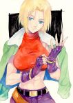  1girl abs adjusting_clothes adjusting_gloves agahari bare_shoulders belt beltskirt blonde_hair blue_eyes blue_mary breasts coat_on_shoulders crop_top fatal_fury fingerless_gloves gloves king_of_fighters large_breasts looking_at_viewer midriff muscle short_hair smile solo straight_hair 