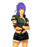  1girl artist_request blue_eyes blue_hair breasts crop_top crossed_arms earrings gloves high_collar jewelry king_of_fighters king_of_fighters_ex2 leona_heidern long_hair midriff official_art ponytail shorts snk solo 