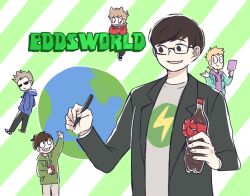  5boys animification antenna_hair black_jacket bottle brown_eyes brown_hair cola commentary copyright_logo copyright_name creator_and_creation drawstring earth_(planet) edd_(eddsworld) edd_gould_(person) eddsworld flipped_hair glasses green_hoodie green_jacket grey_shirt grin hair_behind_ear hair_ears holding holding_bottle holding_mirror holding_stylus hollow_eyes hood hood_down hoodie jacket keep_(dmswls6145) logo long_sleeves looking_at_another male_focus matt_(eddsworld) mini_person miniboy mirror multiple_boys on_shoulder open_clothes open_jacket open_mouth orange_hair pants planet print_shirt purple_hoodie real_life red_hoodie shirt short_hair simple_background smile solo_focus spiky_hair striped_background stylus swept_bangs tom_(eddsworld) tord_(eddsworld) upper_body waving 