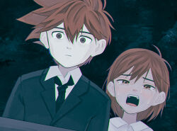  2boys alternate_costume antenna_hair black_necktie brothers brown_eyes brown_hair collared_shirt commentary_request crying crying_with_eyes_open hair_behind_ear hero_(faraway)_(omori) hero_(omori) kel_(faraway)_(omori) kel_(omori) male_focus msdnno_kabe multiple_boys necktie omori parted_lips shirt short_hair siblings tears teeth upper_body upper_teeth_only white_shirt 
