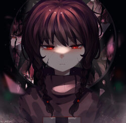  1girl artist_name black_background blurry blurry_foreground braid bright_pupils brown_hair closed_mouth commentary cracked_skin cross-eyed english_commentary expressionless glowing_pupils hair_tie half-closed_eyes highres light_frown light_particles likesac long_hair looking_at_viewer low_twin_braids madotsuki pink_sweater portrait red_eyes simple_background solo straight-on sweater triangle turtleneck turtleneck_sweater twin_braids yume_nikki 