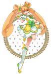  1girl bad_proportions boots bow brooch brown_hair choker cure_rosetta curly_hair dokidoki!_precure double_bun dress earrings flower hair_flower hair_ornament hair_ribbon jewelry knee_boots long_hair magical_girl mya_knk precure ribbon smile solo standing_on_one_leg twintails wrist_cuffs yellow_eyes yotsuba_alice 