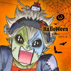  1boy animal_on_head asta_(black_clover) bird bird_on_head black_clover black_headband commentary_request facepaint grey_hair halloween halloween_costume headband looking_at_viewer nero_(black_clover) object_through_head off_shoulder official_alternate_costume on_head open_mouth orange_background screw_in_head short_hair silk solo sparkling_eyes spider_web stitched_face stitches tabata_yuuki teeth upper_teeth_only 