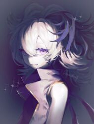  1girl bare_shoulders effects24444 fangs flower_(vocaloid) flower_(vocaloid3) highres hood hooded_jacket hoodie jacket jitome light_smile long_hair looking_at_viewer multicolored_hair open_clothes open_hoodie open_mouth partially_shaded_face purple_hair purple_hoodie signature sleeveless sleeveless_hoodie solo sparkle streaked_hair upper_body very_long_hair vignetting violet_eyes vocaloid white_hair 