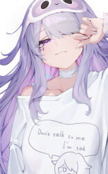  1girl absurdres choker closed_mouth clothes_writing colored_inner_hair commentary gradient_hair hair_over_one_eye hand_up highres hololive hololive_english jewel_under_eye koseki_bijou koseki_bijou_(pebble_pajamas) lace-trimmed_choker lace_trim long_hair looking_at_viewer messy_hair multicolored_hair official_alternate_costume pink_hair purple_hair shirt sidelocks simple_background single_off_shoulder sleep_mask solo upper_body very_long_hair violet_eyes virtual_youtuber wavy_mouth white_choker white_shirt yoellim5 