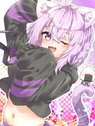  1girl ahoge animal_ear_fluff animal_ears black_hoodie blush cat_ears cat_girl cat_tail commentary fang highres hololive hood hoodie looking_at_viewer medium_hair nekomata_okayu nekomata_okayu_(1st_costume) one_eye_closed onigirya_(nekomata_okayu) open_mouth purple_hair skin_fang sleeves_past_fingers sleeves_past_wrists smile solo tail u_da_desu violet_eyes virtual_youtuber 