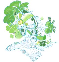  1other androgynous antennae apple apple_hair_ornament apple_slice blunt_bangs clover clover_print colored_skin commentary controller cyber_fashion food food-themed_hair_ornament four-leaf_clover frilled_skirt frills fruit frutiger_aero game_controller gingham_ribbon gradient_hair green_apple green_eyes green_hair green_theme hair_ears hair_intakes hair_ornament head_wings heisei_retro heterochromia highres jacket long_sleeves multicolored_hair musical_note original other_focus push-button qxtten roller_skates see-through_clothes see-through_horns see-through_sleeves see-through_tail short_hair sidelocks simple_background sitting skates skirt solo sparkle symbol-only_commentary track_jacket two-tone_hair wariza white_background white_hair white_jacket white_skin white_skirt white_theme wii_remote wind_chime wings 