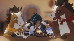  1boy 2others antenna_hair beer_mug black_gloves blank_room_soup blue_hair cape cioccolatodorima closed_eyes collared_shirt commentary cup dark-skinned_male dark_skin earrings english_commentary eyepatch fingerless_gloves fur-trimmed_cape fur_trim genshin_impact gloves gold_trim grey_streaks hair_between_eyes horse indoors jewelry kaeya_(genshin_impact) long_hair long_sleeves mug multicolored_hair multiple_others pectoral_cleavage pectorals shirt single_shoulder_pad smile spiked_gloves streaked_hair tavern tears 