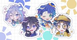  10_io 4boys :3 :d animal_hands antenna_hair astel_leda black_gloves black_hair blonde_hair blonde_streaks blue_hair blue_jacket blue_streaks blush bow braid chibi chibi_only coat collared_shirt commentary cross_tie detective earrings english_commentary fangs gloves green_eyes grid_background hat hat_bow hitodama holding holding_magnifying_glass holostars jacket jewelry kanade_izuru lapels long_hair magnifying_glass male_focus minase_rio multicolored_hair multiple_boys musical_note notched_lapels one_eye_closed orange_bow outstretched_hand paw_gloves paw_print portrait puppet purple_hair shirt short_hair smile sparkle sparkling_eyes star_(symbol) streaked_hair sun trench_coat violet_eyes virtual_youtuber white_background white_gloves yatogami_fuma yellow_cross_tie yellow_eyes 