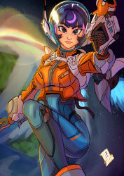  astronaut blizzard_entertainment brown_eyes commentary darkfang100 earth_(planet) english_commentary gloves highres holding holding_weapon jacket jetpack juno_(overwatch) lipstick looking_up makeup overwatch planet purple_hair skin_tight space spandex weapon 
