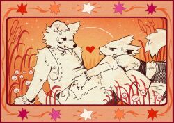  2girls animal_ears animal_hands border bra bracelet butch/femme_couple cattail claws collar commentary couple dandelion dog_ears dog_girl english_commentary eye_contact flat_chest flower furry furry_female furry_with_furry heart highres jewelry kitty_(fernwhisker) lesbian_flag limited_palette looking_at_another mastectomy_scar multiple_girls orange_theme original ornate_border plant scar scar_on_chest self-harm_scar shorts sitting spiked_bracelet spikes tank_top tongue tongue_out underwear yuri 