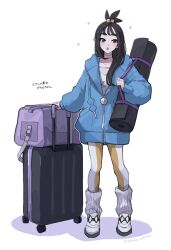 1girl bag black_hair blue_hoodie blush boots choker commentary_request cube_hair_ornament earclip grey_eyes hair_ornament highres holding hood hood_down hoodie jacket leggings lida_(pokemon) long_hair long_sleeves looking_at_viewer minao_omina open_mouth orange_leggings pokemon pokemon_legends:_z-a ribbed_socks rolling_suitcase shirt shoulder_bag simple_background socks solo suitcase topknot two-tone_legwear white_background white_boots white_choker white_leggings white_socks wispy_bangs 