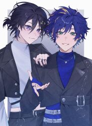  10_io 2boys :3 astel_leda beckoning belt belt_buckle black_belt black_hair black_jacket black_nails black_pants blonde_streaks blue_hair blue_shirt buckle buttons chain commentary_request earrings green_eyes grey_background grey_belt grin hair_ornament hairclip hand_on_another's_shoulder highres holostars jacket jewelry kanade_izuru lapel_pin lapels layered_sleeves long_sleeves male_focus midriff midriff_peek multicolored_hair multiple_belts multiple_boys multiple_rings nail_polish necklace notched_lapels o-ring pants ponytail ring shirt short_hair short_over_long_sleeves short_ponytail short_sleeves simple_background slit_pupils smile streaked_hair teeth turtleneck turtleneck_shirt two-tone_background upper_body violet_eyes virtual_youtuber wavy_hair white_background white_shirt 