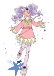  1girl :d absurdres boots dark-skinned_female dark_skin dress forehead_jewel full_body highres lace-trimmed_dress lace-trimmed_sleeves lace_trim long_hair looking_at_viewer meredy_(tales) open_mouth pantyhose purple_hair reaching simple_background smile solo star_(symbol) tales_of_(series) tales_of_eternia twintails violet_eyes white_background youme_xz 