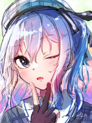  1girl absurdres beret black_gloves blue_eyes blue_hair blush commentary_request fang gloves grey_hat grey_shirt hat highres hololive hoshimachi_suisei hoshimachi_suisei_(1st_costume) looking_at_viewer one_eye_closed partially_fingerless_gloves shirt skin_fang solo star_(symbol) star_in_eye symbol_in_eye u_da_desu v v_over_mouth virtual_youtuber 