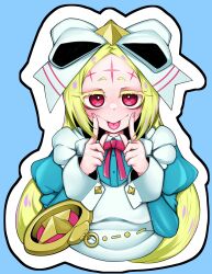  1girl apron blonde_hair blue_background blue_dress bow commentary_request dress fingersmile hair_bow highres long_hair looking_at_viewer love0craft mahou_shoujo_ni_akogarete morino_korisu nero_alice pink_eyes simple_background solo tongue tongue_out upper_body 