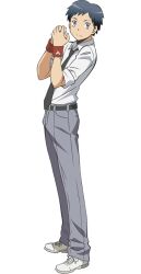  1boy anime_coloring ansatsu_kyoushitsu ball baseball_(object) belt black_belt black_hair black_necktie blue_eyes closed_mouth collared_shirt frown full_body grey_pants holding holding_ball kunugigaoka_middle_school_uniform morita_kazuaki necktie official_art pants red_sweatband school_uniform shirt shoes simple_background solo standing sugino_tomohito sweatband tachi-e transparent_background white_shirt white_shoes wristband 