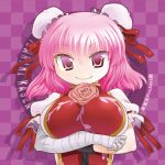  1girl bandages breast_hold chain character_name checkered checkered_background crossed_arms double_bun ibaraki_kasen large_breasts looking_at_viewer mizuki_hitoshi pink_eyes pink_hair shackle short_hair smile solo touhou 