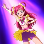  1girl arm_warmers bare_shoulders bike_shorts cure_dream earrings frills hair_ornament hair_ribbon hair_rings half_updo happy highres jewelry long_hair looking_at_viewer magical_girl midriff mont_blanc_(heartcatch_ayaya) navel open_mouth petticoat pink_eyes pink_hair precure purple_bike_shorts ribbon shirt shorts shorts_under_skirt simple_background skirt smile solo wrist_cuffs yes!_precure_5 yumehara_nozomi 