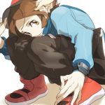  1boy bag baseball_cap brown_eyes brown_hair disembodied_limb ear_grab hand_on_hat hat jacket knees_on_chest looking_up naralika pokemon pokemon_(game) pokemon_bw shoes sitting smile sneakers touya_(pokemon) watch white_background 