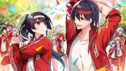 4boys 6+girls :d ange_katrina arm_up arms_up bandaid bandaid_on_arm black_hair blowing_whistle blue_hair bottle brown_hair bunting carrying closed_mouth collarbone commentary_request confetti day eye_contact furen_e_lustario fuwa_minato green_eyes grey_hair hair_ornament hairpin hat hat_with_ears headband hirai_yuzuki holding holding_bottle holding_phone ibrahim_(nijisanji) id_card jacket kenmochi_touya lightning_glare lize_helesta looking_at_another medium_hair multiple_boys multiple_girls multiple_hairpins nijisanji nishizono_chigusa official_art open_clothes open_jacket open_mouth outdoors pants phone piggyback pink_hair ponytail purple_hair red_hair red_hat red_headband red_jacket red_pants red_shorts red_track_suit sasaki_saku sebastian_piyodore shirt short_hair shorts sleeves_rolled_up smile speech_bubble spoken_zzz sports_festival stretching track_jacket track_pants track_suit tree tsukino_mito very_short_hair violet_eyes virtual_youtuber white_hair white_headband white_shirt yashiro_kizuku zzz 