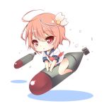  1girl ahoge blush brown_hair chibi flower hair_flower hair_ornament i-58_(kantai_collection) kantai_collection open_mouth personification red_eyes school_swimsuit school_uniform serafuku short_hair solo swimsuit swimsuit_under_clothes torpedo yuncha 