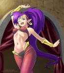  1girl arabian_clothes bandeau bare_shoulders blue_eyes bracer breasts earrings forehead_jewel harem_pants hoop_earrings jewelry kami_mitsugu_(kamiken) long_hair midriff navel pointy_ears ponytail purple_hair shantae shantae_(character) smile solo tiara very_long_hair watermark web_address wink 