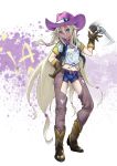  1girl belt boots chaps cowboy_boots cowboy_hat gun gun_twirling hat highres ia_(vocaloid) long_hair revolver sean_kao short_shorts shorts solo very_long_hair vocaloid weapon western 