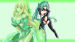  bare_shoulders blonde_hair blue_eyes breasts choujigen_game_neptune cleavage detached_sleeves green_hair green_heart highres large_breasts long_hair nishiumi_yuuta ponytail revision thigh-highs vert violet_eyes weapon 