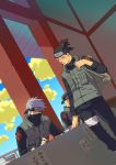  3boys bag black_hair blue_sky book brown_hair clouds duffel_bag dutch_angle fingerless_gloves forehead_protector gloves hatake_kakashi interior konohagakure_symbol long_sleeves looking_at_another looking_down lotus_temple male mask multiple_boys naruto pants pen ponytail scar short_hair short_ponytail silver_hair sitting sky sleeves_rolled_up standing translation_request turtleneck umino_iruka vest writing 