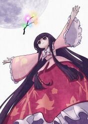  1girl ay606078 bamboo_print bow bowtie branch brown_eyes brown_hair closed_mouth commentary english_commentary frilled_skirt frills from_below full_moon highres houraisan_kaguya jeweled_branch_of_hourai long_hair long_skirt mixed-language_commentary moon outstretched_arms pink_shirt print_skirt red_skirt shirt simple_background skirt smile solo spread_arms touhou very_long_hair white_background white_bow white_bowtie wide_sleeves 