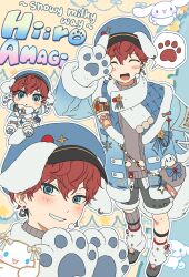  1boy :o absurdres amagi_hiiro animal_ears animal_hands bag beads blue_eyes bone_earrings character_name cinnamoroll clenched_teeth crossover dog dog_ears dot_nose earrings ensemble_stars! facing_viewer gongnam hand_up hat highres jewelry layered_clothes legband long_sleeves looking_at_viewer male_focus official_alternate_costume parted_lips paw_print red_hair sanrio scarf short_hair shorts smile snowflakes speech_bubble spotlight_time_(ensemble_stars!) star_(symbol) teeth turtleneck 