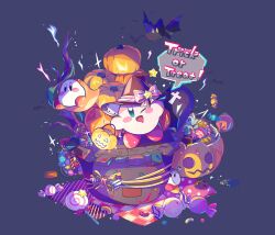  amedama_(akaki_4207) bow candy cappy_(kirby) commentary_request drooling english_text food food_focus ghost green_eyes halloween hat hat_bow hat_ribbon highres jack-o'-lantern kirby kirby_(series) looking_at_viewer mouth_drool no_humans one_eye_closed pumpkin ribbon sparkle speech_bubble striped_bow striped_ribbon trick_or_treat waddle_dee wapod witch_hat 