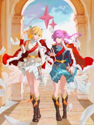  2girls :d absurdres aiguillette alternate_hairstyle animal_sticker arch architecture bell belt belt_buckle black_boots blue_jacket blue_skirt book boots buckle buttons chinese_commentary closed_mouth clouds collared_shirt commentary_request crossed_ankles crossed_bangs daiba_nana day epaulettes fine_art_parody flipped_bangs flying_paper frog full_body fur-trimmed_jacket fur_trim green_eyes green_ribbon hair_bell hair_between_eyes hair_ornament hair_ribbon hand_up heel_up highres holding holding_book holding_paper hoshimi_junna index_finger_raised indoors jacket jacket_on_shoulders lapels long_hair long_sidelocks long_sleeves looking_to_the_side miniskirt multicolored_jacket multiple_girls outstretched_hand paper parody pleated_skirt pointing pointing_up purple_hair qisu_zhang red_jacket red_sash ribbon sash script shadow shirt short_hair shoujo_kageki_revue_starlight shoulder_sash side-by-side side_ponytail sidelocks single_horizontal_stripe single_stripe skirt sky sleeve_cuffs smile standing star_(symbol) striped_clothes striped_skirt tassel teeth the_school_of_athens tile_floor tiles two_side_up upper_teeth_only waist_cape watermark weibo_watermark white_jacket white_shirt white_skirt wind yellow_belt 