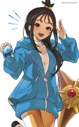  1girl :d black_hair blue_hoodie choker commentary_request dive_ball doughnut_(smmp4848) earclip highres holding holding_poke_ball hood hood_down hoodie leggings lida_(pokemon) light_blush long_hair long_sleeves open_mouth poke_ball pokemon pokemon_(creature) pokemon_legends:_z-a shirt sidelocks simple_background smile staryu teeth tongue topknot upper_teeth_only white_choker white_shirt 