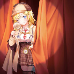  1girl ;d absurdres aesice black_thighhighs blonde_hair blue_eyes blush bob_cut brown_coat brown_hat brown_skirt coat collared_shirt curtain_grab curtains deerstalker detective grin hat high-waist_skirt highres holding holding_magnifying_glass hololive hololive_english looking_at_viewer magnifying_glass medium_hair miniskirt necktie one_eye_closed plaid_clothes plaid_skirt pleated_skirt red_necktie shirt short_necktie skirt smile solo spotlight stethoscope_around_neck syringe_holster thigh-highs thigh_strap virtual_youtuber watson_amelia watson_amelia_(1st_costume) white_shirt zettai_ryouiki 