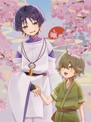  2boys absurdres ahoge amhr_46 arm_at_side black_bow black_sash blue_sky blunt_ends blush bow bright_pupils brown_hair brown_sash cherry_blossoms choppy_bangs clear_sky clothing_cutout commentary_request falling_petals feathers fingernails genshin_impact green_kimono green_sleeves hand_up height_difference highres holding_hands japanese_clothes kariginu kimono layered_sleeves light_blush looking_at_another multiple_boys open_mouth outdoors pants pelvic_curtain petals pink_petals pom_pom_(clothes) purple_hair purple_kimono purple_sleeves red_sun sash scaramouche's_sickly_friend_(genshin_impact) scaramouche_(genshin_impact) scaramouche_(kabukimono)_(genshin_impact) short_sleeves shoulder_cutout sky skyline string tareme teeth twitter_username upper_teeth_only violet_eyes white_pants white_pupils white_sleeves wide_sleeves yellow_eyes yellow_feathers 