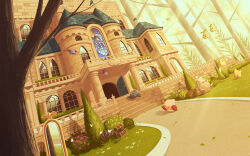  5health batty_(kirby) building bush castle chip_(kirby) column commentary_request flower foley_(kirby) full_body golem golem_(kirby) grass highres kirby kirby_&amp;_the_amazing_mirror kirby_(series) leaf looking_back mirror no_humans open_door open_mouth outdoors path pillar shadow_kirby sitting sleeping smile soarar stained_glass star_(symbol) treasure_chest tree window 