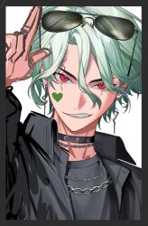  1boy alternate_costume alternate_hairstyle black_choker border chain chain_necklace choker commentary_request cracked_skin dr._stone eyewear_on_head facial_mark gradient_hair green_hair grey_border heart heart_facial_mark ishigami_senkuu jewelry kaohom503_2 looking_at_viewer male_focus multicolored_hair necklace nose_pads red_eyes simple_background solo sunglasses thai_commentary two-tone_hair white_background white_hair 