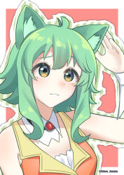  1girl :3 absurdres animal_ears border cat_day cat_ears cat_girl chime_ikatako choker commentary_request detached_collar fluff green_eyes green_hair gumi hand_on_own_ear hand_up highres kemonomimi_mode looking_up outline outside_border shirt short_hair_with_long_locks sleeveless sleeveless_shirt smile solo vocaloid white_border 