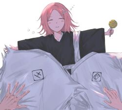  1boy 2girls anima_tion_1 bleach bleach:_sennen_kessen-hen blush_stickers candy closed_eyes food haori highres holding holding_candy holding_food holding_lollipop japanese_clothes kusajishi_yachiru lollipop lying medium_hair multiple_girls on_back outstretched_arms pink_hair shihakusho sleeping solo_focus star_(symbol) taichou_haori unohana_retsu unworn_clothes white_haori zaraki_kenpachi zzz 
