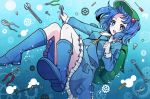  1girl adjustable_wrench backpack bag blue_eyes blue_hair boots bubble combination_wrench double_sided_wrench dress hair_bobbles hair_ornament hat kawashiro_nitori key long_sleeves looking_at_viewer open_mouth outstretched_arm pliers pocket remirya_koumakan rubber_boots screw screwdriver shirt short_hair skirt skirt_set smile solo tools touhou twintails underwater wrench 