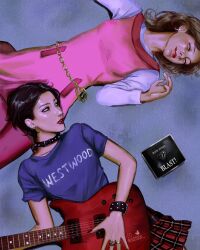  2girls absurdres black_hair blustock bracelet breasts brown_hair cd_case closed_eyes closed_mouth commentary dress earrings english_commentary fingernails grey_background guitar highres holding holding_guitar holding_instrument instrument jewelry komatsu_nana long_fingernails looking_at_another medium_breasts medium_hair multiple_earrings multiple_girls multiple_rings nail_polish nana_(series) osaki_nana parted_lips pink_dress pink_lips pink_nails plaid_clothes plaid_skirt print_shirt purple_shirt red_lips red_nails red_skirt ring shirt shirt_under_dress short_hair skirt smile studded_bracelet studded_choker t-shirt white_shirt 