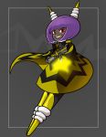  1girl antennae atomictiki bob_cut cape crossed_arms dark_skin grin mighty_no._3 mighty_no._9 no_feet purple_hair red_eyes robot robot_joints sharp_teeth short_hair smile solo 