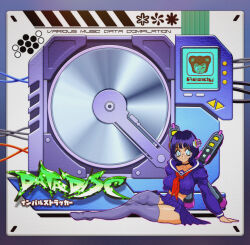  1990s_(style) 1girl :d album_cover album_name artist_logo asterisk_(symbol) blue_eyes blunt_bangs border bra breasts cable choker closed_mouth commentary cover cropped_hoodie english_commentary english_text faux_retro_artstyle full_body glasses gradient_border hair_ornament hands_on_ground hard_drive highres hood hoodie jetpack lcd logo looking_at_viewer miniskirt neckerchief no_pupils no_shoes original outline outside_border pink_outline purple_hair purple_hoodie purple_skirt purple_thighhighs red_neckerchief retro_artstyle round_eyewear science_fiction short_hair sitting skirt smile solo speaker star_(symbol) star_choker system_st91 thigh-highs thighs translation_request underwear 