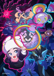  1girl :d absurdres ansha_(pokemon) arm_up black_coat blue_eyes coat commentary eyelashes glimmora golurk hat highres holding holding_jewelry holding_ring hoopa hoopa_(confined) jewelry long_sleeves looking_up lucario magearna mega_glimmora mega_golurk mega_lucario_z mega_magearna mega_meowstic mega_rayquaza mega_zeraora meowstic open_mouth pink_scarf pokemon pokemon_(creature) pokemon_legends:_z-a rayquaza reapster_(tdwg3572) ring scarf shirt smile white_hat white_shirt zeraora 